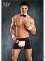 Black tuxedo costume pouch short with bow tie collar and wrist cuffs by Male Power