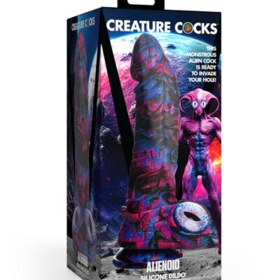 Alienoid galaxy-swirl textured silicone dildo in red purple blue and black by Xr - Creature Cocks
