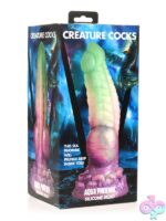 Jade green and purple ribbed fantasy silicone dildo with suction cup base by Xr - Creature Cocks