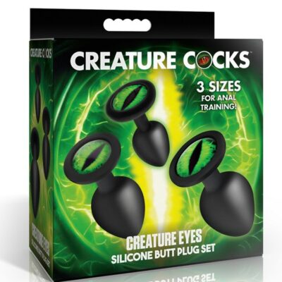 Three-piece green eye silicone butt plug set in black by Xr - Creature Cocks
