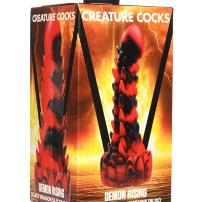 Scaly red and black dragon silicone dildo with textured shaft and suction-cup base by Creature Cocks