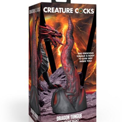 Textured red Dragon Tongue fantasy silicone dildo with suction-cup base by Xr Creature Cocks
