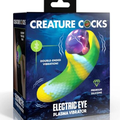 Textured green silicone fantasy plasma vibrator with glowing pink electric eye by Creature Cocks
