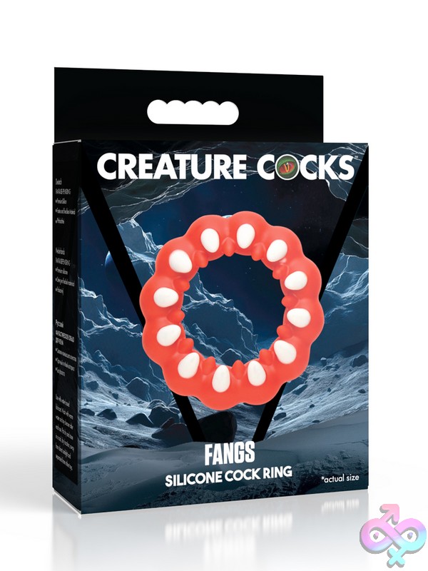 Discreet-Toys-Creature-Cocks-Fangs-Silicone-Cock-Ring-Nu-Xr-Ah556 Red Fang-Textured Silicone Cock Ring With Inner Bumps And Outer White Fangs By Xr - Creature Cocks