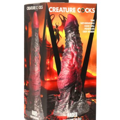 Large textured fantasy silicone dildo in black and purple with suction-cup base by Creature Cocks