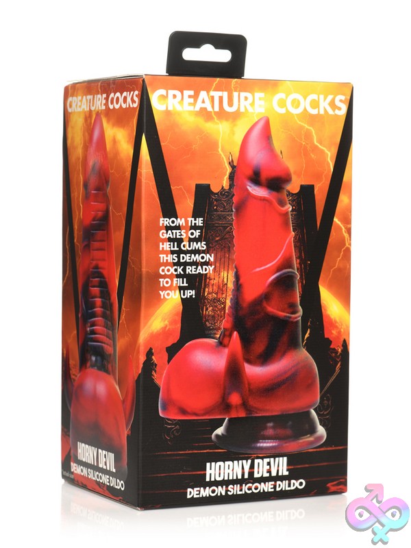 Discreet-Toys-Creature-Cocks-Horny-Devil-Demon-Silicone-Dildo-Nu-Xr-Ah266 Red And Black Demon-Inspired Textured Silicone Dildo With Curved Horns And Suction Cup Base By Xr - Creature Cocks