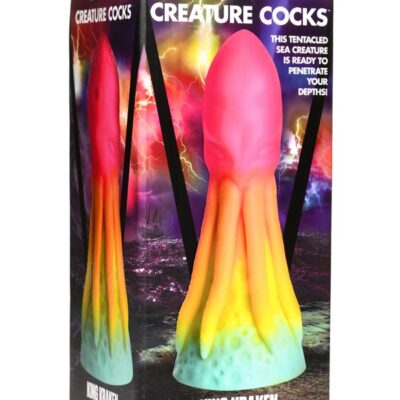 Rainbow multi-color King Kraken textured silicone dildo with suction cup base by Xr Creature Cocks
