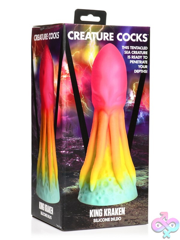 Discreet-Toys-Creature-Cocks-King-Kraken-Silicone-Dildo-Nu-Xr-Ah285 Rainbow Multi-Color King Kraken Textured Silicone Dildo With Suction Cup Base By Xr Creature Cocks