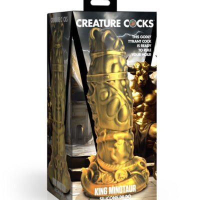 Gold King Minotaur fantasy silicone dildo with bull horns, rings, and textured veined shaft by Xr Creature Cocks