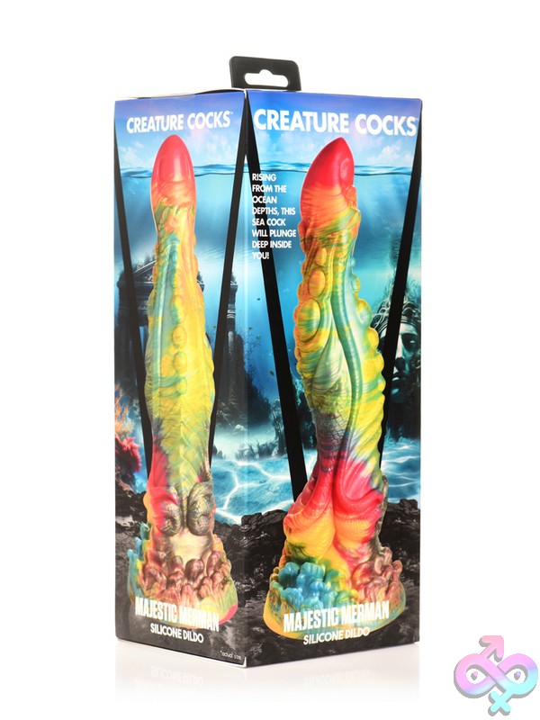 Discreet-Toys-Creature-Cocks-Majestic-Merman-Silicone-Dildo-Nu-Xr-Ah322 Extra-Long Iridescent Rainbow S-Curve Silicone Dildo With Suction Cup Base By Xr - Creature Cocks