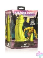 Green textured Orc fantasy silicone dildo with suction-cup base and dual-stimulation horn by Creature Cocks