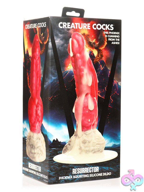 Discreet-Toys-Creature-Cocks-Resurrector-Phoenix-Squirting-Silicone-Dildo-Nu-Xr-Ah309 Resurrector Phoenix Squirting Textured Silicone Dildo With Suction Cup Base In Red And White By Xr - Creature Cocks