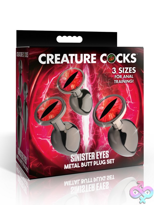 Discreet-Toys-Creature-Cocks-Sinister-Red-Eyes-Metal-Butt-Plug-Set-Nu-Xr-Ah738 Set Of Three Progressive Silver Nickel-Free Metal Butt Plugs With Glass Red Eyes By Creature Cocks