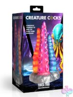 Three-piece tentacle silicone dildo set in orange pink and blue with suction cup base by Xr - Creature Cocks
