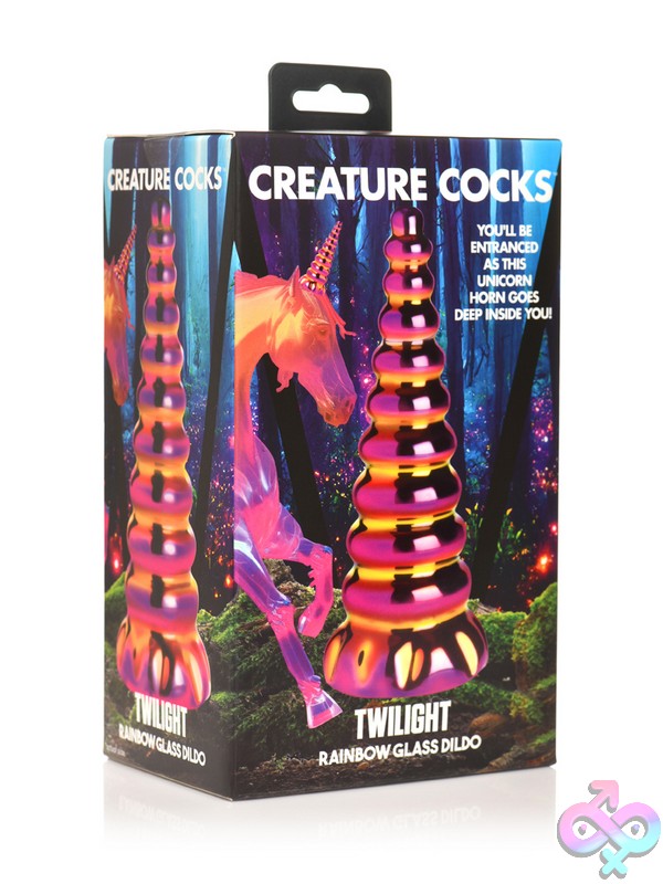 Discreet-Toys-Creature-Cocks-Twilight-Rainbow-Glass-Dildo-Nu-Xr-Ah331 Iridescent Pink And Gold Unicorn Horn Glass Dildo With Graduated Bumps By Xr - Creature Cocks