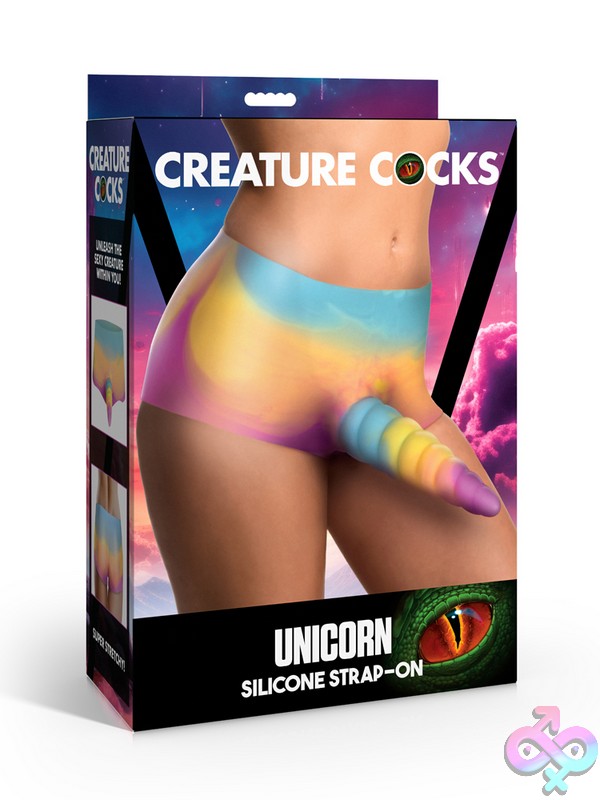Discreet-Toys-Creature-Cocks-Unicorn-Silicone-Strap-On-Nu-Xr-Ah603 Rainbow-Sherbet Multi-Color Unicorn Horn Silicone Strap-On Shorts By Xr Creature Cocks