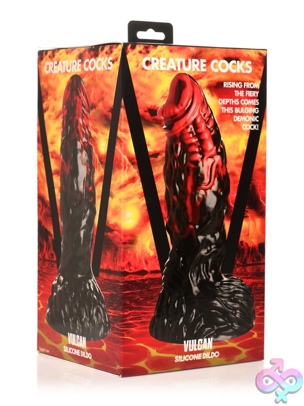 Discreet-Toys-Creature-Cocks-Vulcan-Silicone-Dildo-Nu-Xr-Ah320 Textured Red And Black Fantasy Silicone Dildo With Suction-Cup Base By Xr - Creature Cocks