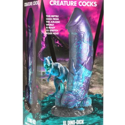 XL textured purple fantasy dinosaur silicone dildo with suction-cup base by Creature Cocks