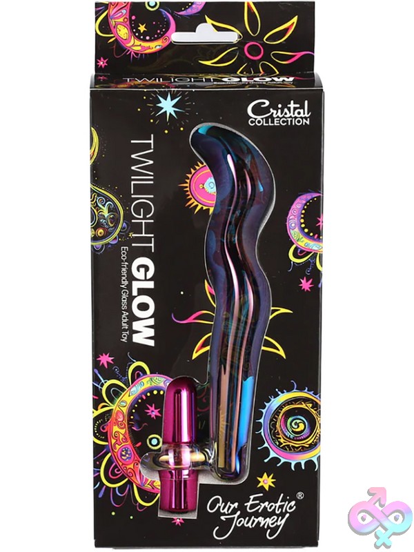 Discreet-Toys-Cristal-Twilight-Glow-Chrome-Nu-Sg-Ct-J105 Slim Clear Borosilicate Glass Rabbit Vibrator With Silicone Bunny Ears By Our Erotic Journey