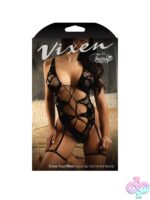 Black open lace-up front teddy with removable leg garters by Fantasy Lingerie
