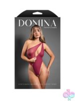 Berry purple crotchless one-shoulder mesh teddy with asymmetrical front zipper detail
