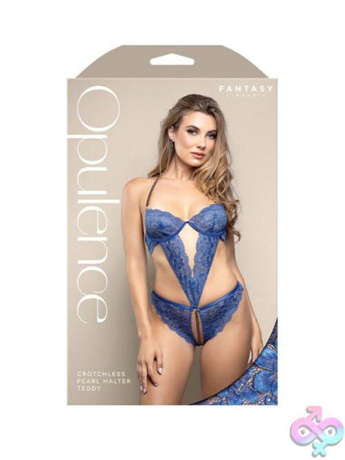 Royal Blue Crotchless Pearl Halter Teddy With Underwire Cups And Gold-Corded Lace Detail