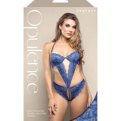 Royal blue crotchless pearl halter teddy with underwire cups and gold-corded lace detail