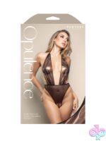 Chocolate metallic crotchless pearl plunge teddy with open back and adjustable pearl g-string