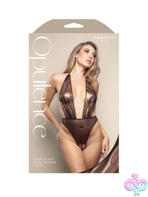 Chocolate Metallic Crotchless Pearl Plunge Teddy With Open Back And Adjustable Pearl G-String