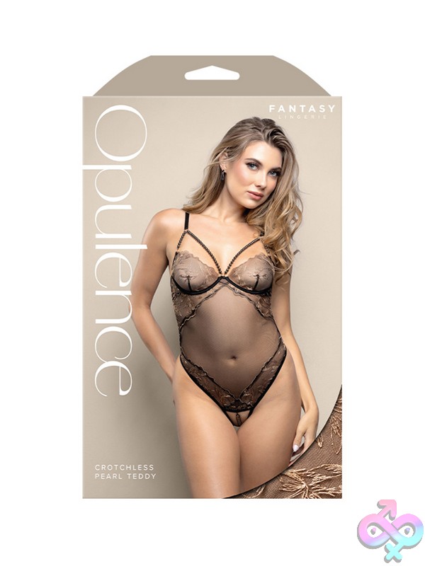 Discreet-Toys-Crotchless-Pearl-Teddy-L-Xl-Nu-2646Blk-Lxl-B Crotchless Black Embroidered Mesh Teddy With Pearl Cage Neckline And Adjustable Pearl G-String By Fantasy Lingerie