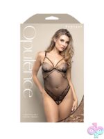 Black crotchless pearl cage teddy in rose gold embroidered mesh by Fantasy Lingerie