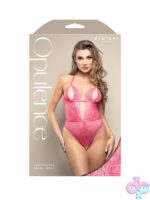 Hot pink crotchless pearl teddy with open back and shimmer lace by Fantasy Lingerie