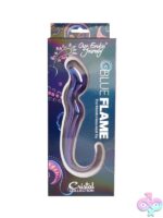 Curved clear borosilicate glass dildo with blue flame accent by Our Erotic Journey