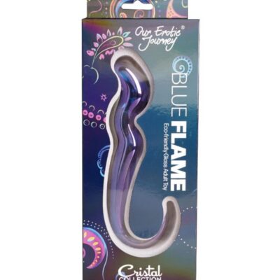 Curved clear borosilicate glass dildo with blue flame accent by Our Erotic Journey