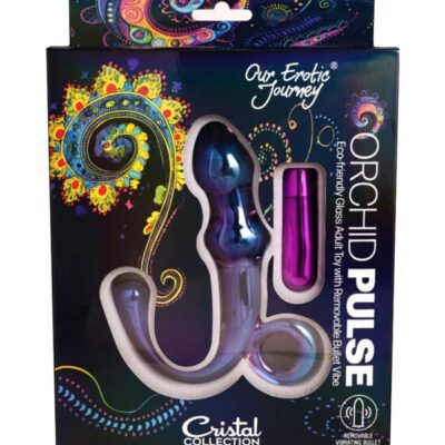Clear borosilicate glass and silicone vibrating anal toy with removable pulsing bullet by Our Erotic Journey