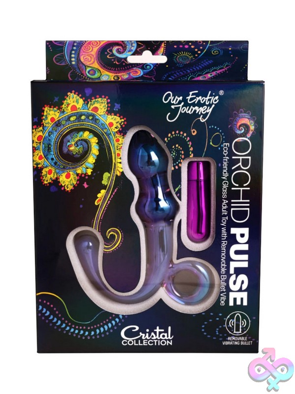 Discreet-Toys-Crsital-Orchid-Pulse-Nu-Sg-Ct-H002 Clear Borosilicate Glass And Silicone Vibrating Anal Toy With Removable Pulsing Bullet By Our Erotic Journey