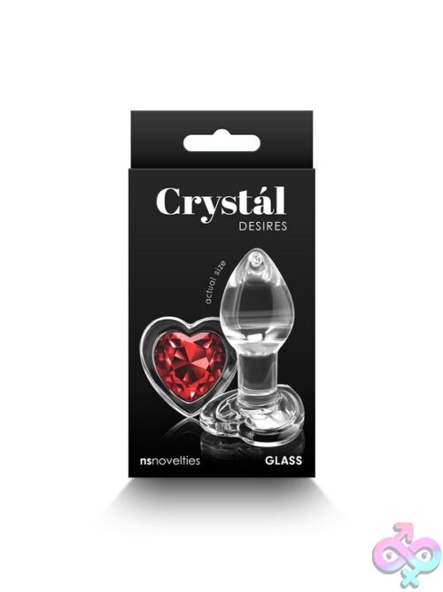 Crystal Desires Red Heart Borosilicate Glass Anal Plug In Clear With Red Heart Detail, Shown In Small And Medium Sizes