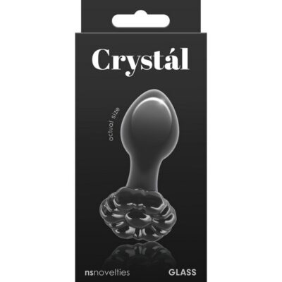 Crystal Flower borosilicate glass anal plug with floral base in black and pink