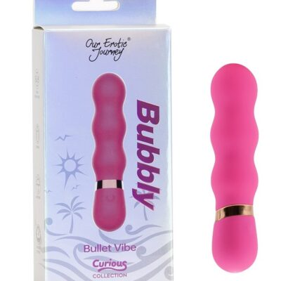 Pink textured silicone bullet vibrator with bubble surface detail by Our Erotic Journey