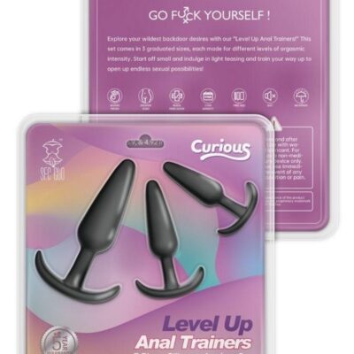 Three graduated black silicone anal trainer plugs with anchor bases by Our Erotic Journey