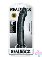 10-inch curved realistic dildo with suction cup base shown in three colors on neutral background