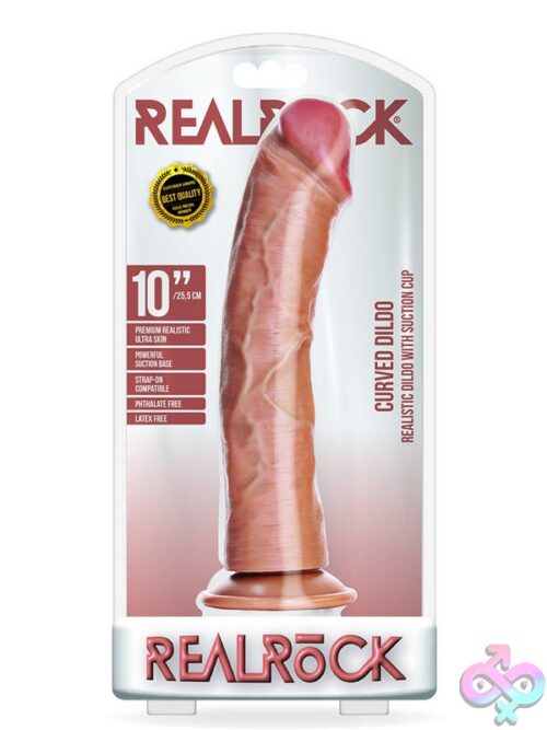 10-Inch Curved Realistic Dildo With Suction Cup Base Shown In Three Colors On Neutral Background