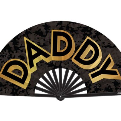 Large black and gold satin folding hand fan with Daddy lettering by Wood Rocket