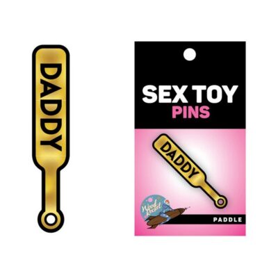 Gold soft enamel Daddy paddle lapel pin with black text by Wood Rocket