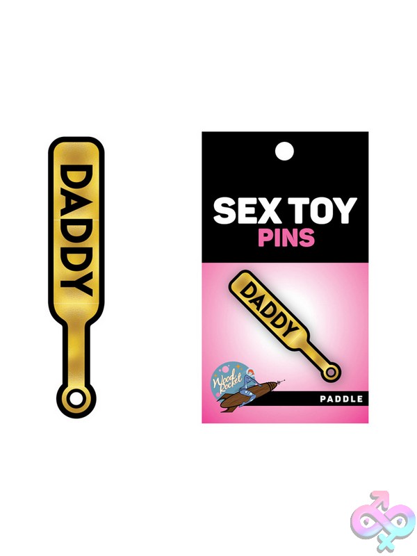Discreet-Toys-Daddy-Paddle-Pin-Nu-Ept-009 Gold Soft Enamel Daddy Paddle Lapel Pin With Black Text By Wood Rocket