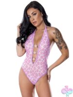Sheer pink daisy-print mesh teddy with lilac elastics and snap crotch by Magic Silk