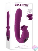 Ribbed thrusting vibrator with rotating open-mouth clitoral stimulator in purple silicone by Evolved Novelties