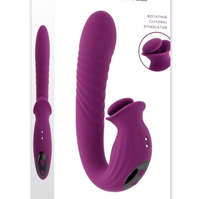 Ribbed thrusting vibrator with rotating open-mouth clitoral stimulator in purple silicone by Evolved Novelties