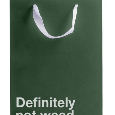 Snarky green Kraft paper gift bag with white ribbon handle by Wood Rocket