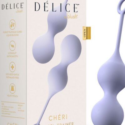Chéri dual-weighted purple silicone Kegel trainer with retrieval loop and velvet pouch by Blush Novelties